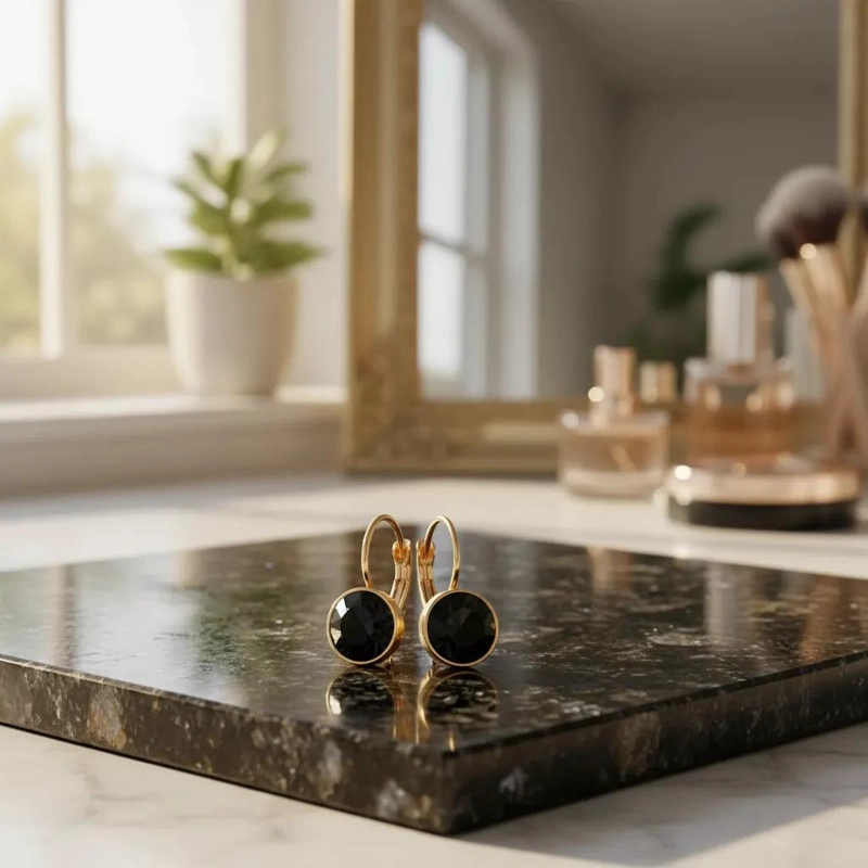 AROS DE CRISTAL NEGRO CON BAÑO DE ORO 18K PARA BRILLAR - 3