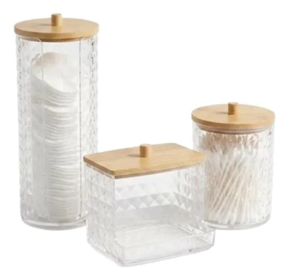 SET DE 3 ORGANIZADORES DE BAÑO TRANSPARENTE CON TAPA DE BAMBU - 1