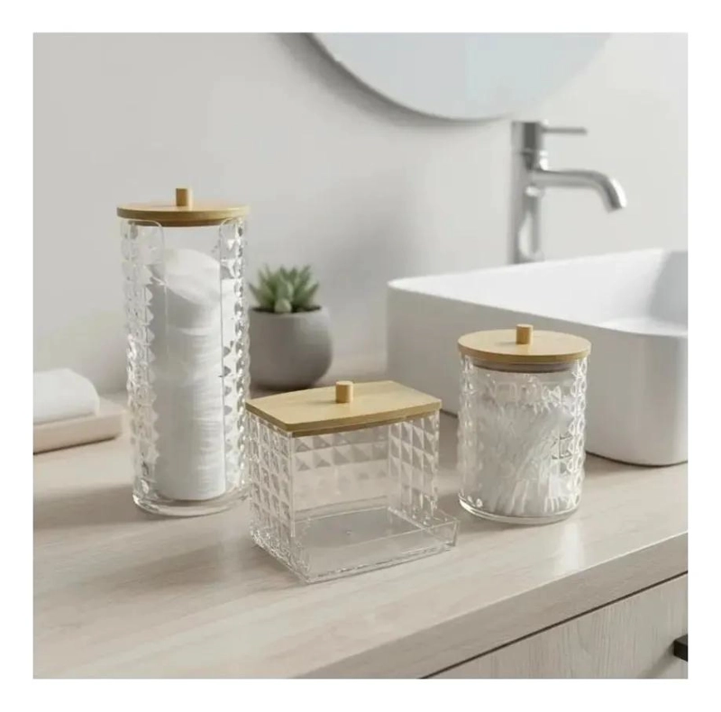 SET DE 3 ORGANIZADORES DE BAÑO TRANSPARENTE CON TAPA DE BAMBU - 3