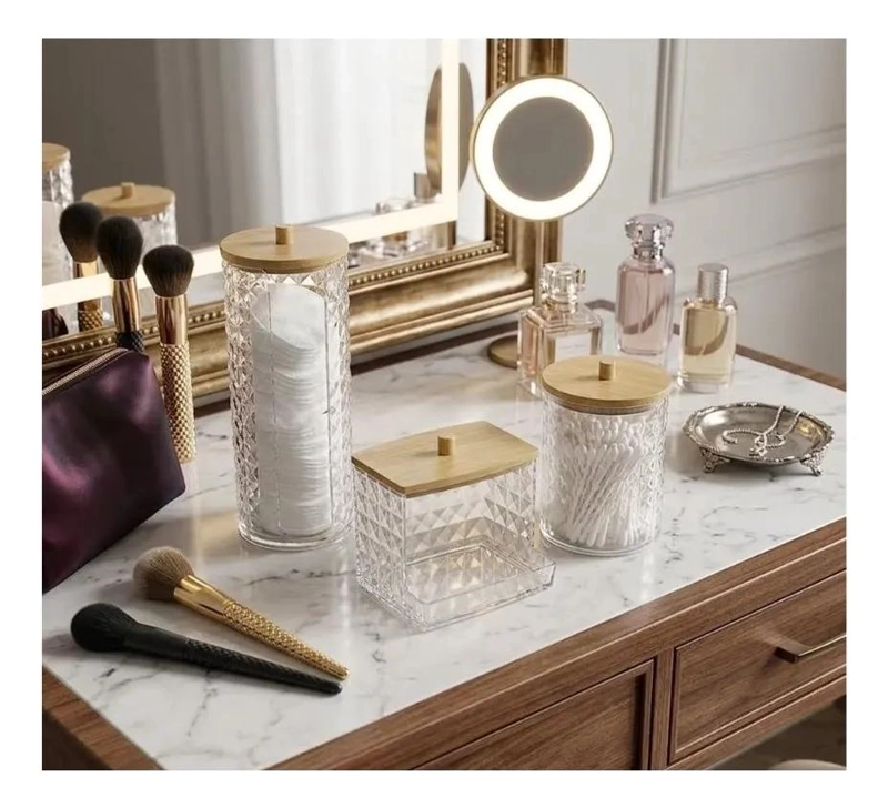 SET DE 3 ORGANIZADORES DE BAÑO TRANSPARENTE CON TAPA DE BAMBU - 5