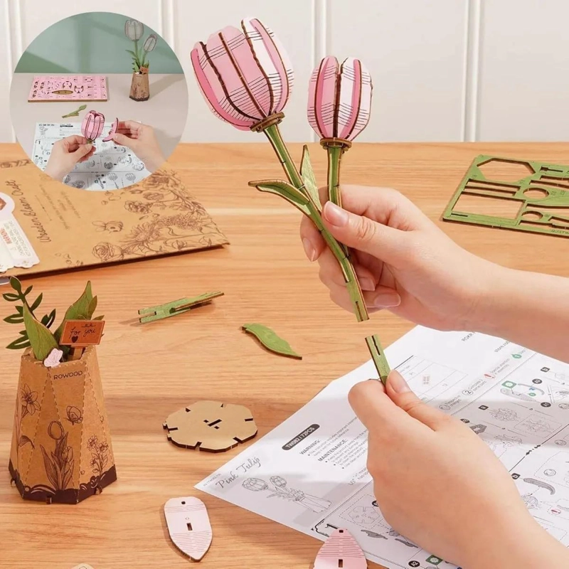 PUZZLE 3D FLOR DE MADERA TULIPAN ROSA ARMABLE DECORATIVO - 4