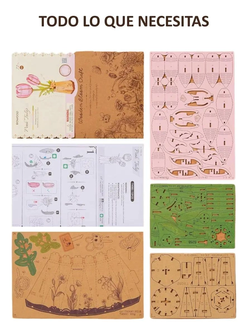 PUZZLE 3D FLOR DE MADERA TULIPAN ROSA ARMABLE DECORATIVO - 5