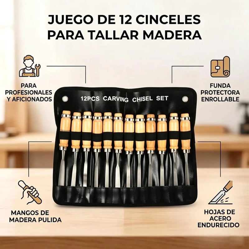 JUEGO DE 12 CINCELES Y GUBIAS PARA TALLADO EN MADERA - 7