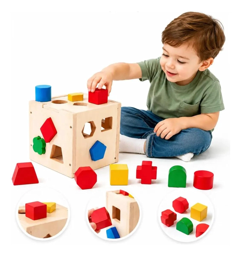 CUBO DIDACTICO DE MADERA CON 15 PIEZAS DE COLORES - 1