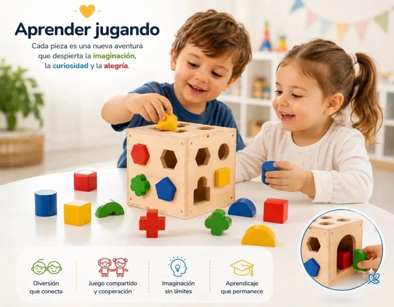 CUBO DIDACTICO DE MADERA CON 15 PIEZAS DE COLORES - 6