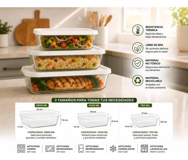 SET DE 3 CONTENEDORES DE VIDRIO PARA ALIMENTOS ORGANIZADOR - 4