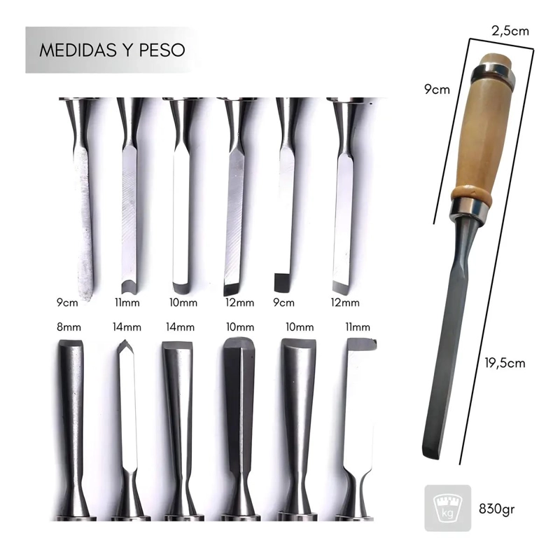 SET DE 12 GUBIAS PARA TALLAR MADERA CON ESTUCHE DE CUERO - 2