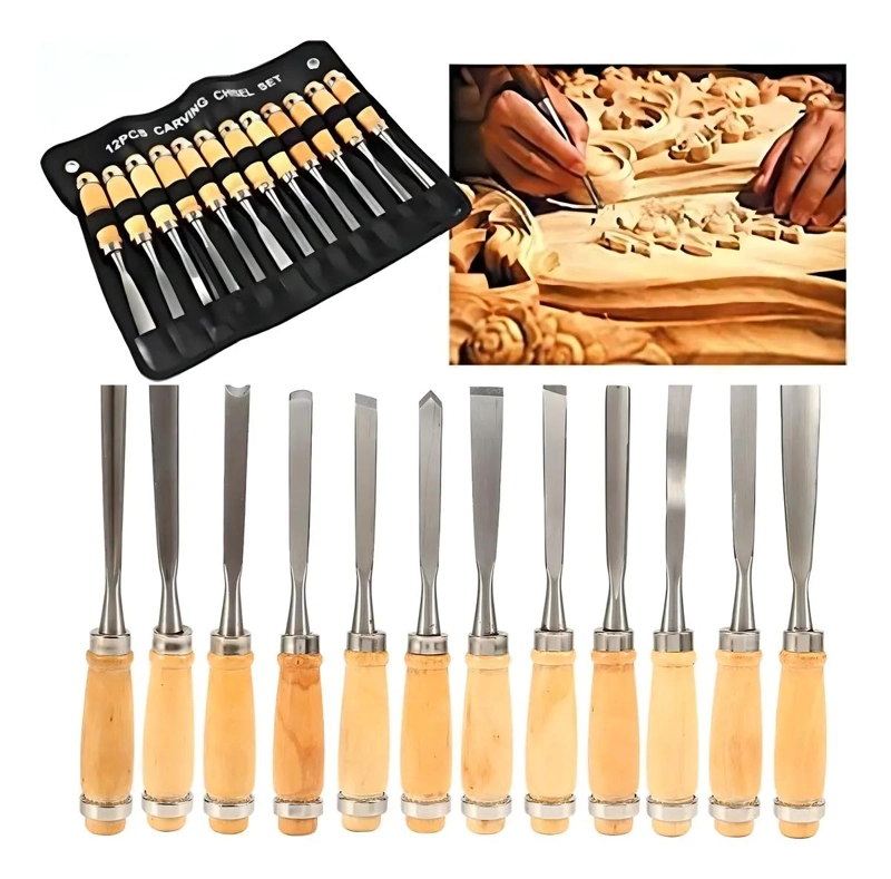 SET DE 12 GUBIAS PARA TALLAR MADERA CON ESTUCHE DE CUERO - 8