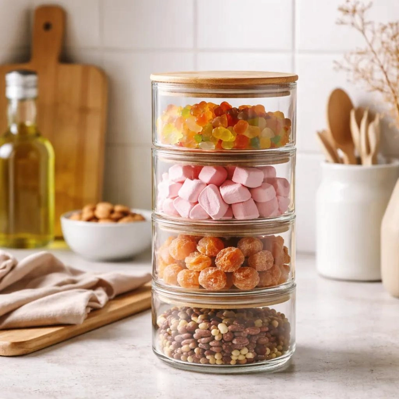 SET DE 3 FRASCOS APILABLES DE VIDRIO Y BAMBU PARA ORGANIZAR - 1