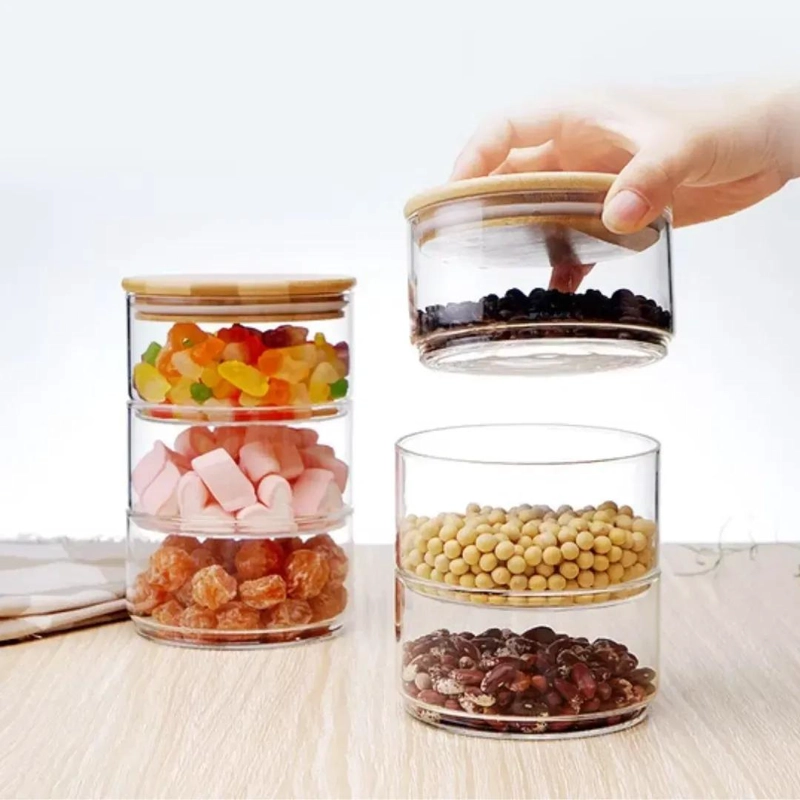 SET DE 3 FRASCOS APILABLES DE VIDRIO Y BAMBU PARA ORGANIZAR - 2