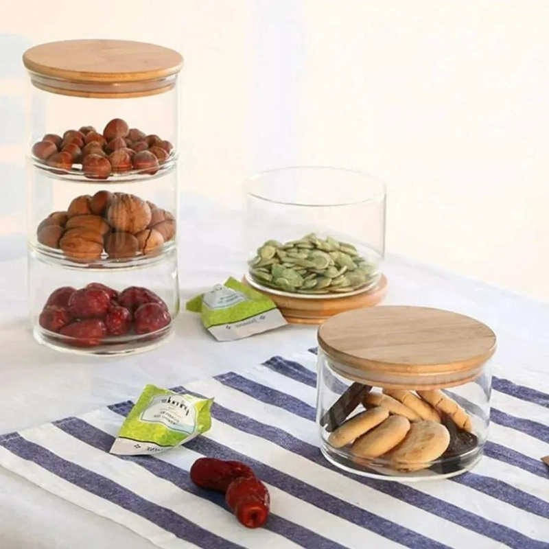 SET DE 3 FRASCOS APILABLES DE VIDRIO Y BAMBU PARA ORGANIZAR - 4