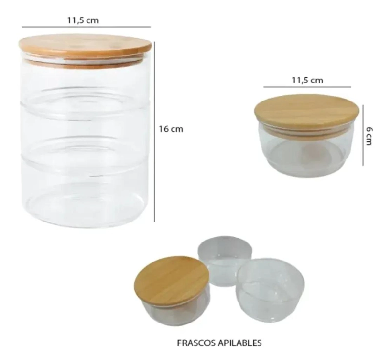 SET DE 3 FRASCOS APILABLES DE VIDRIO Y BAMBU PARA ORGANIZAR - 5