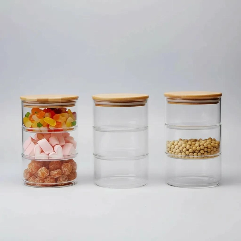 SET DE 3 FRASCOS APILABLES DE VIDRIO Y BAMBU PARA ORGANIZAR - 9