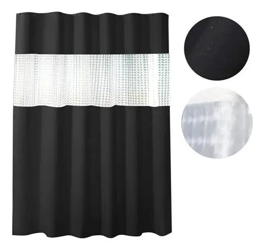 CORTINA DE BAÑO NEGRA IMPERMEABLE 180X180 CM CON GANCHOS - 1