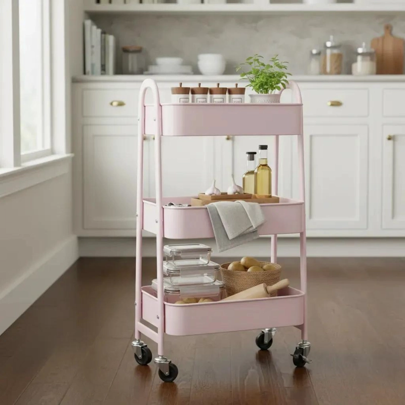 CARRITO ORGANIZADOR DE COCINA 3 NIVELES CON RUEDAS COLOR ROSA - 1