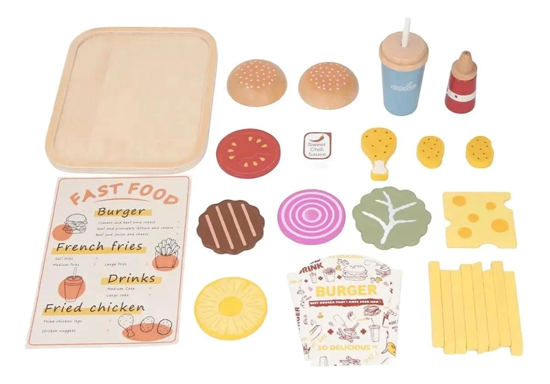 JUEGO DE MADERA PARA NIÑOS CON HAMBURGUESA Y COMIDA VARIADA - 4