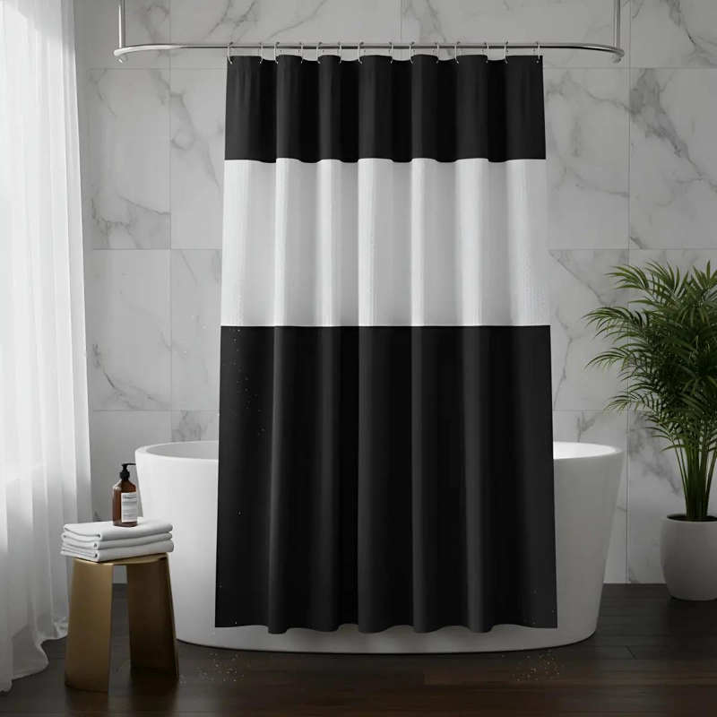 CORTINA DE BAÑO NEGRA IMPERMEABLE 180X180 CM CON GANCHOS - 1