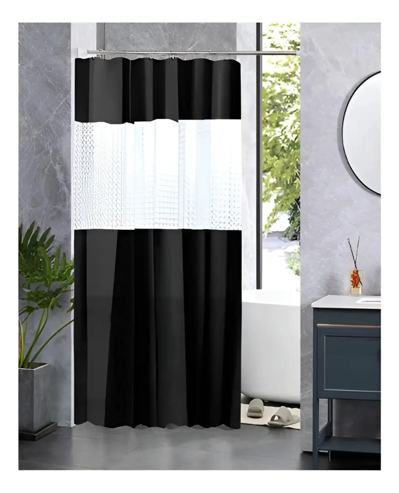 CORTINA DE BAÑO NEGRA IMPERMEABLE 180X180 CM CON GANCHOS - 6