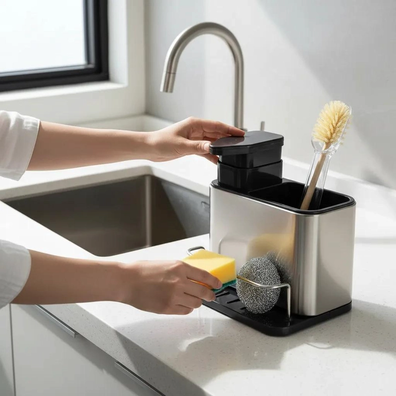 ORGANIZADOR DE COCINA CON DISPENSADOR DE JABON Y PORTA ESPONJA - 6