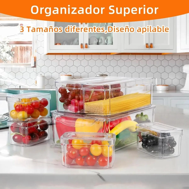 ORGANIZADOR DE REFRIGERADOR CON 7 CONTENEDORES TRANSPARENTES Y HERME TICOS - 2