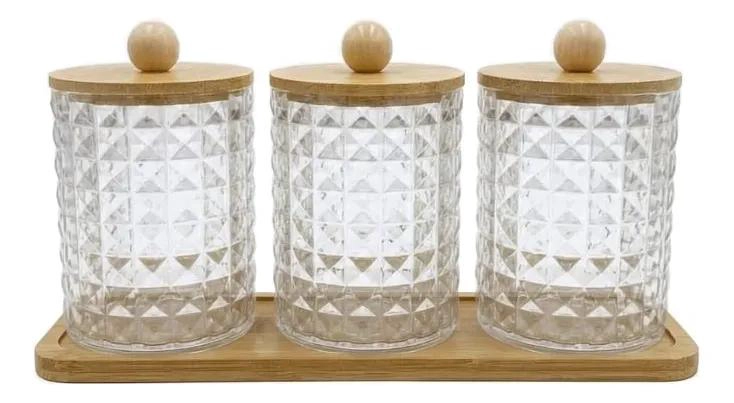 SET DE 3 FRASCOS ORGANIZADORES PARA COSME TICOS CON BANDEJA DE BAMBU - 1