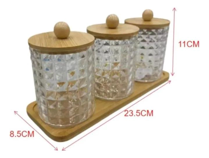 SET DE 3 FRASCOS ORGANIZADORES PARA COSME TICOS CON BANDEJA DE BAMBU - 2