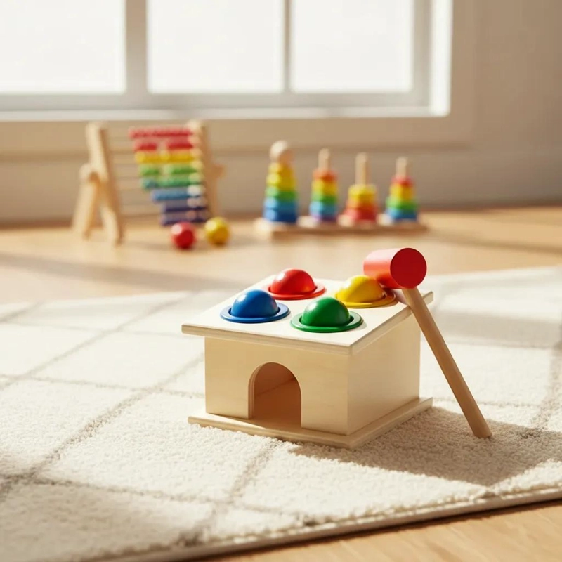 JUGUETE DIDACTICO DE MADERA PARA GOLPEAR PELOTAS DE COLORES - 1
