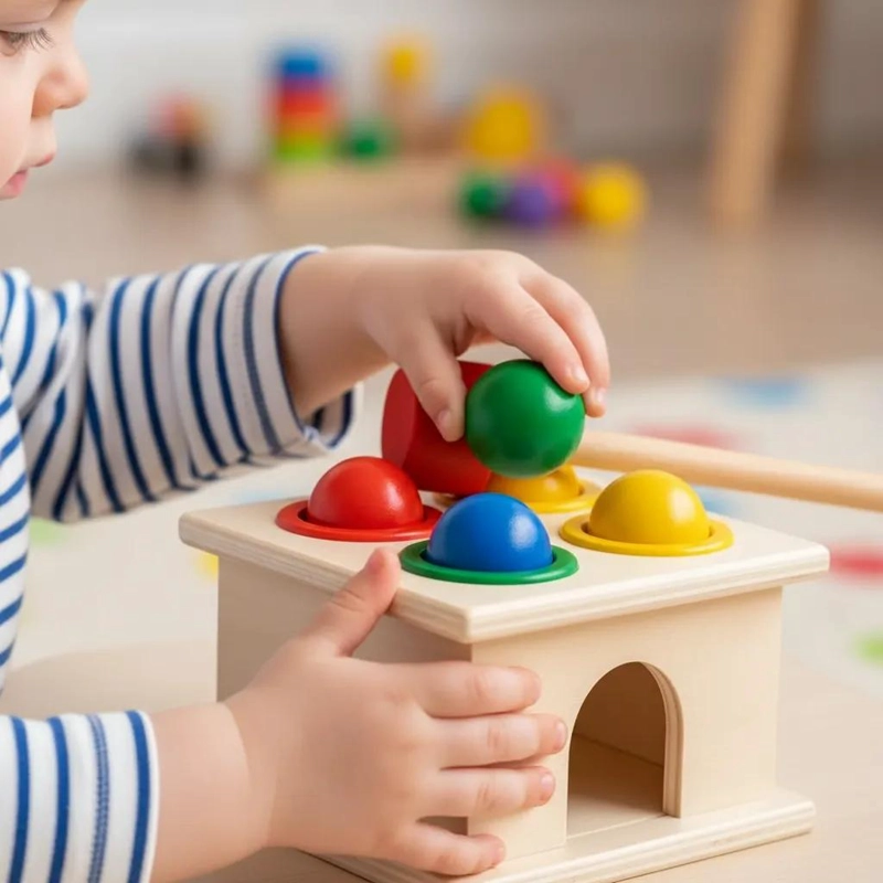 JUGUETE DIDACTICO DE MADERA PARA GOLPEAR PELOTAS DE COLORES - 2