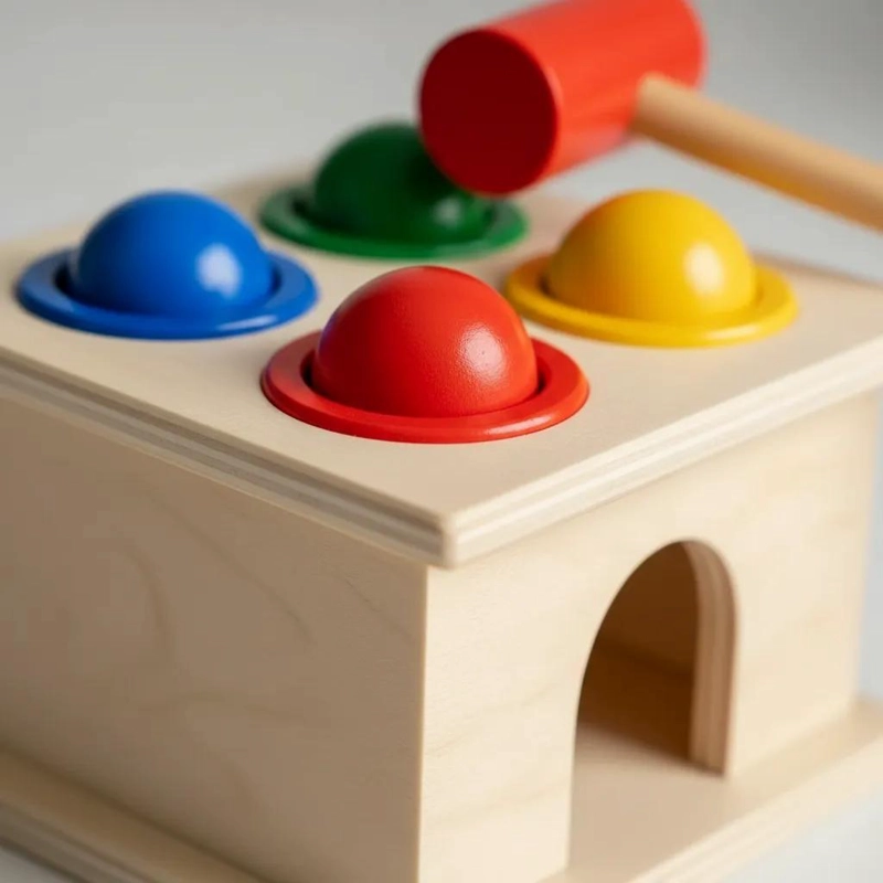 JUGUETE DIDACTICO DE MADERA PARA GOLPEAR PELOTAS DE COLORES - 3