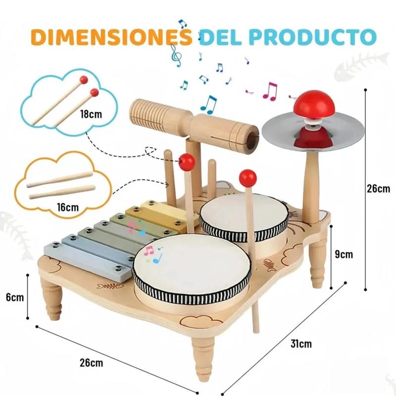 JUGUETE MUSICAL DIDACTICO DE MADERA PARA NIÑOS CON 7 INSTRUMENTOS - 2