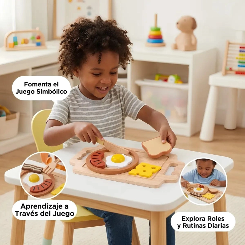 SET DE DESAYUNO DE MADERA PARA NIÑOS CON BANDEJA INTERACTIVA - 4