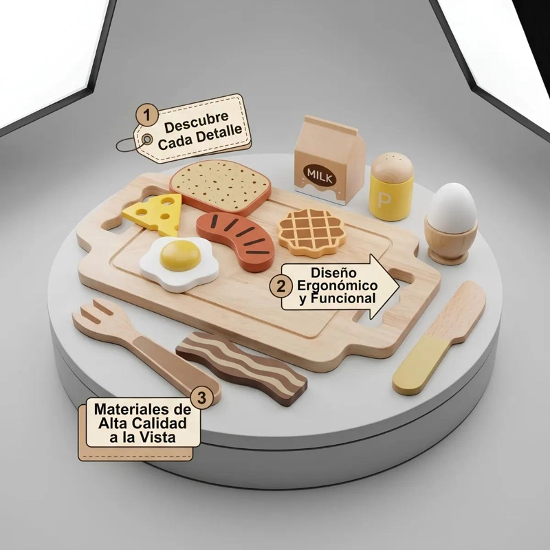 SET DE DESAYUNO DE MADERA PARA NIÑOS CON BANDEJA INTERACTIVA - 6