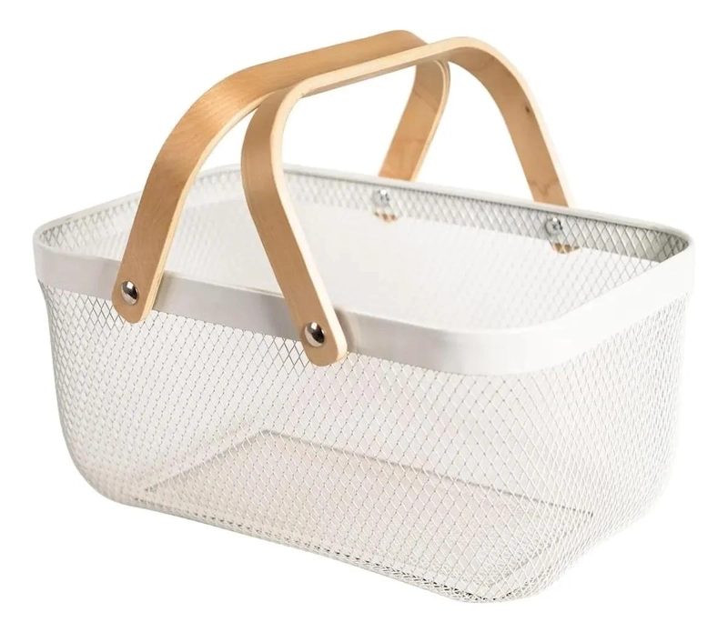 CESTA METALICA ORGANIZADOR DE COCINA CON ASA DE MADERA - 1