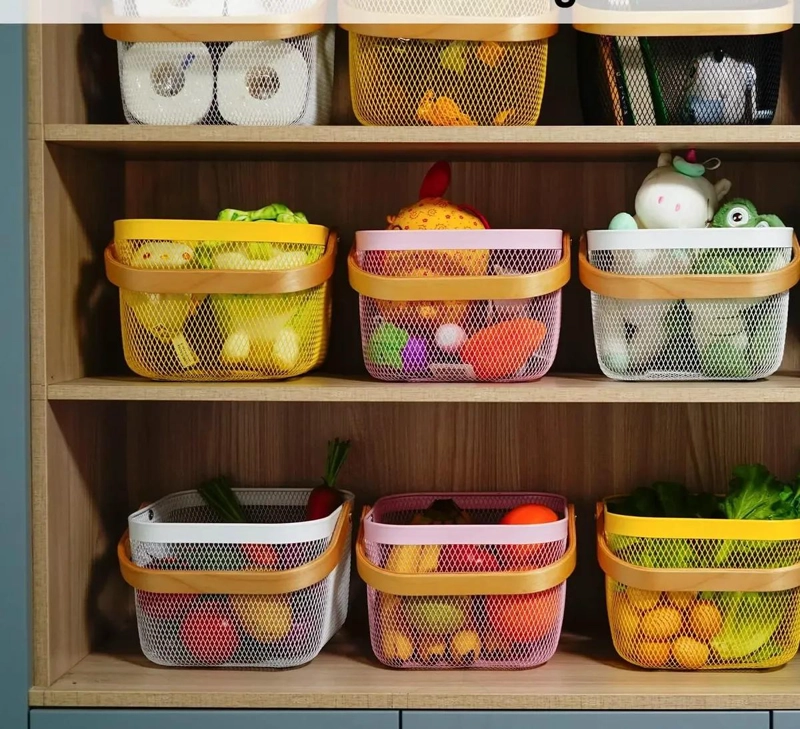 CESTA METALICA ORGANIZADOR DE COCINA CON ASA DE MADERA - 7