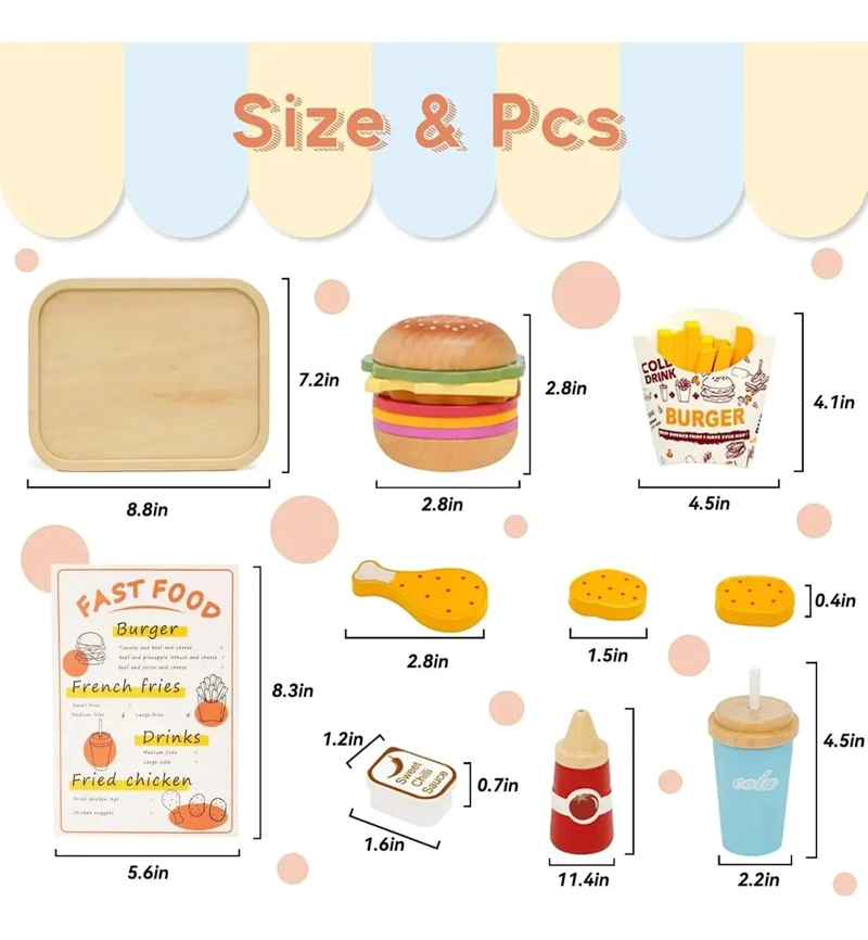 JUEGO DE MADERA APILABLE PARA NIÑOS CON HAMBURGUESAS Y COMIDA - 5