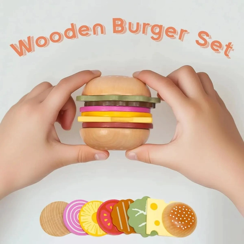 JUEGO DE MADERA APILABLE PARA NIÑOS CON HAMBURGUESAS Y COMIDA - 6