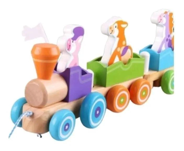 TREN DE ARRASTRE DE MADERA CON ANIMALES DE GRANJA PARA NIÑOS - 1