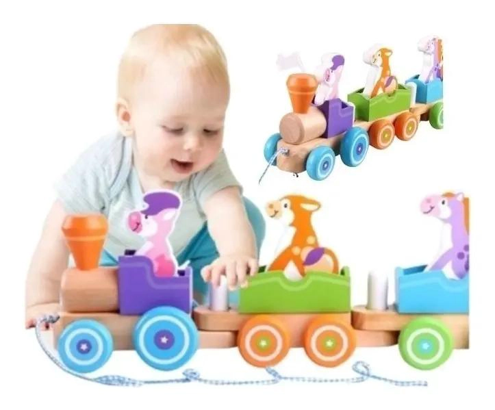 TREN DE ARRASTRE DE MADERA CON ANIMALES DE GRANJA PARA NIÑOS - 2