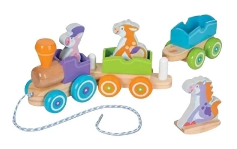 TREN DE ARRASTRE DE MADERA CON ANIMALES DE GRANJA PARA NIÑOS - 3