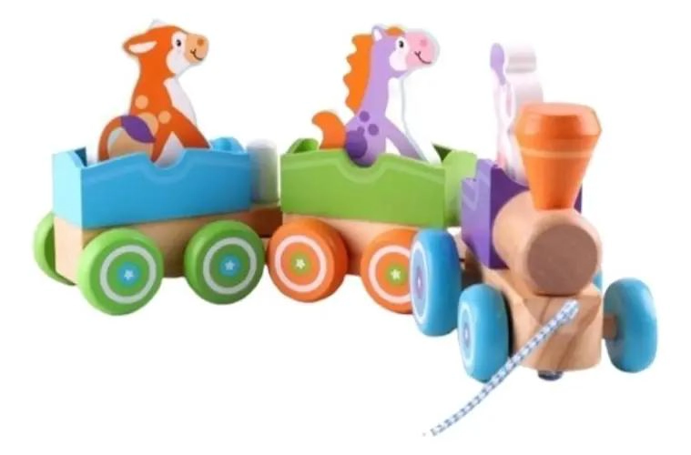 TREN DE ARRASTRE DE MADERA CON ANIMALES DE GRANJA PARA NIÑOS - 4
