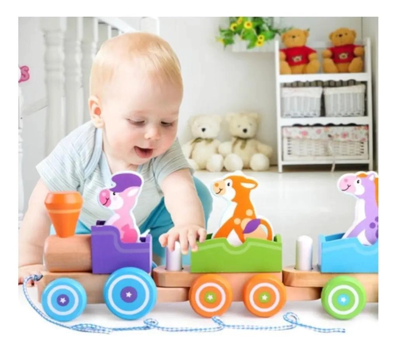 TREN DE ARRASTRE DE MADERA CON ANIMALES DE GRANJA PARA NIÑOS - 5