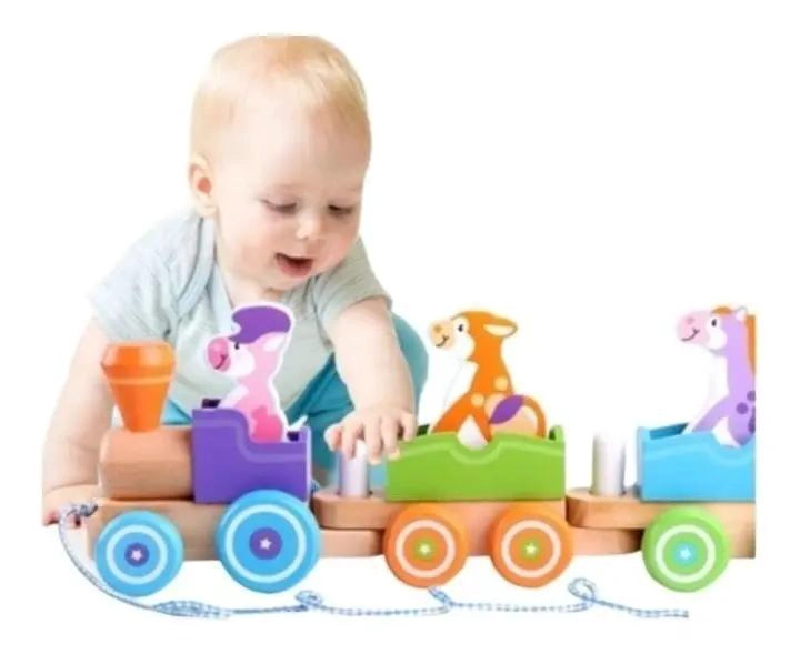 TREN DE ARRASTRE DE MADERA CON ANIMALES DE GRANJA PARA NIÑOS - 6