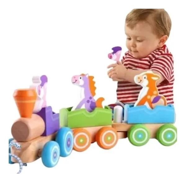 TREN DE ARRASTRE DE MADERA CON ANIMALES DE GRANJA PARA NIÑOS - 7