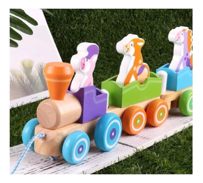 TREN DE ARRASTRE DE MADERA CON ANIMALES DE GRANJA PARA NIÑOS - 8