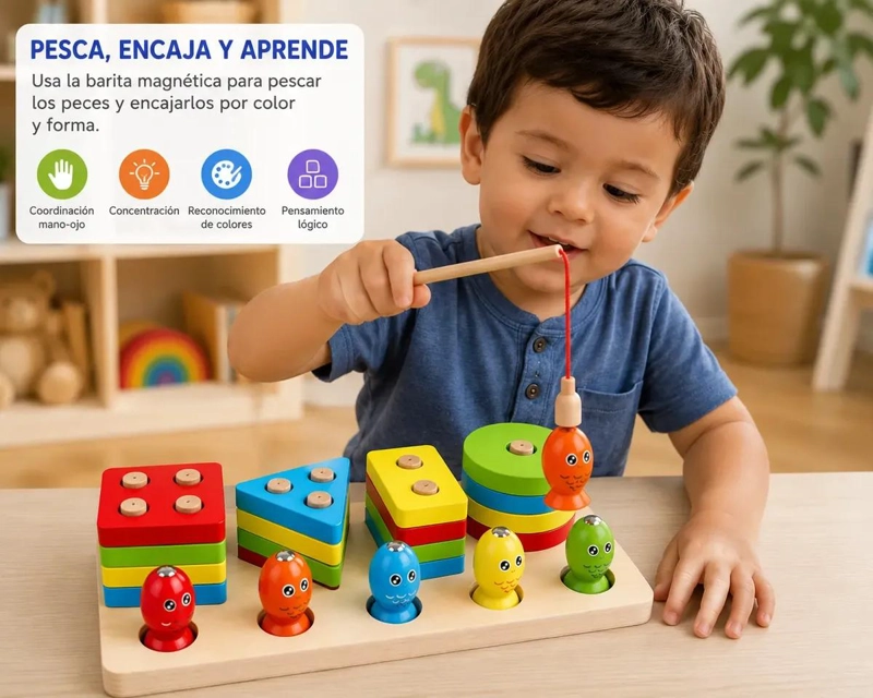 JUGUETE EDUCATIVO DE PESCA MAGNE TICA Y ENCAJE DE MADERA - 2