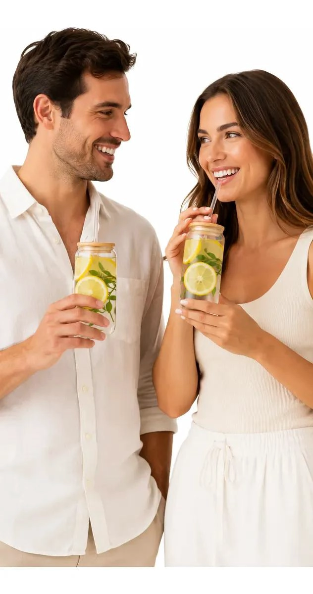SET DE 2 VASOS DE VIDRIO CON TAPA DE BAMBU PARA BEBIDAS - 1