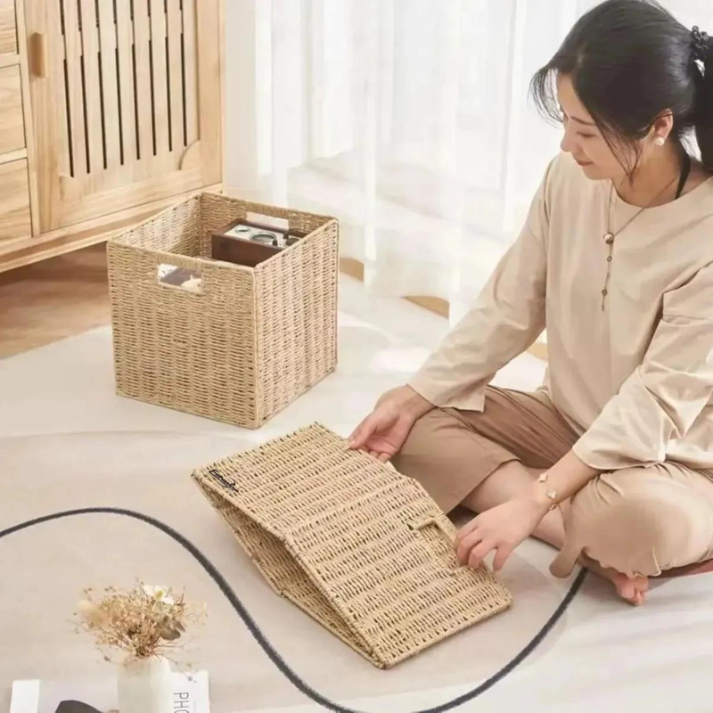 CESTA ORGANIZADOR DECORATIVA PLEGABLE DE MIMBRE NATURAL - 3