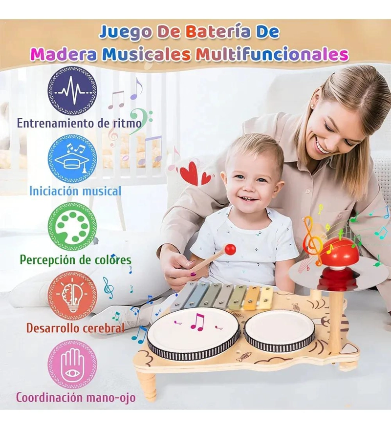 JUGUETE MUSICAL DE MADERA 7 EN 1 PARA BEBE S CON XILOFONO Y PERCUSION - 3