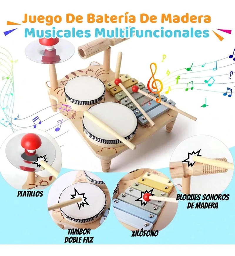 JUGUETE MUSICAL DE MADERA 7 EN 1 PARA BEBE S CON XILOFONO Y PERCUSION - 5