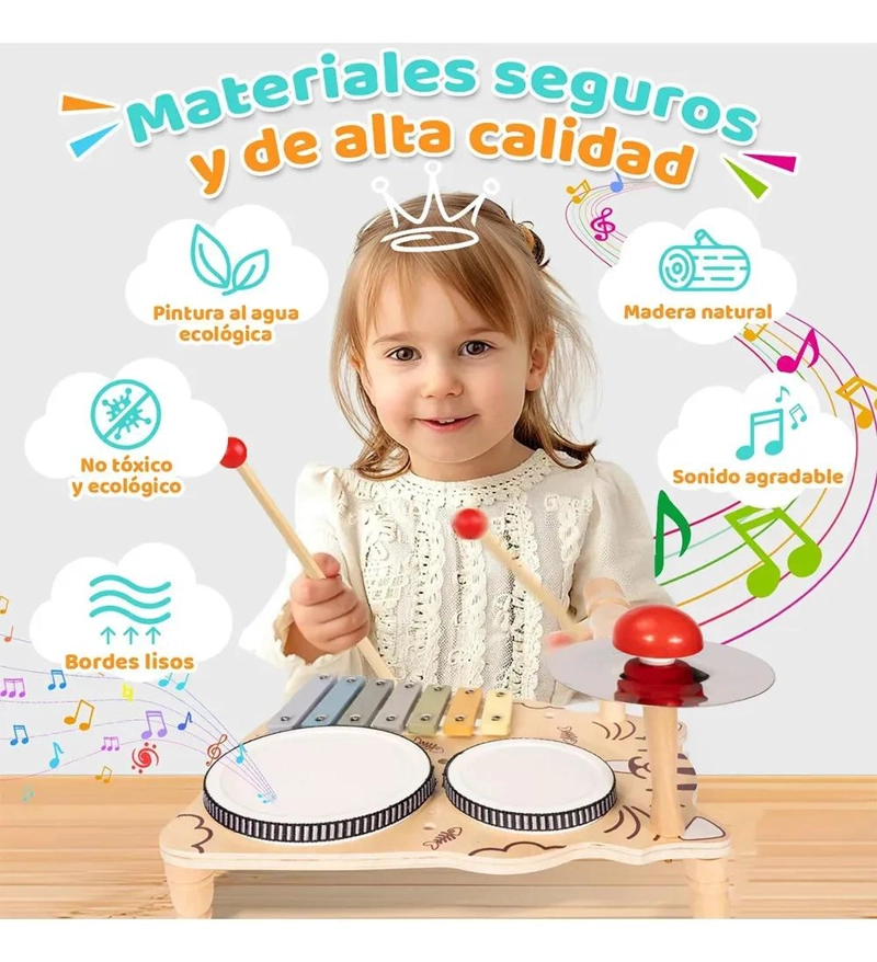 JUGUETE MUSICAL DE MADERA 7 EN 1 PARA BEBE S CON XILOFONO Y PERCUSION - 6